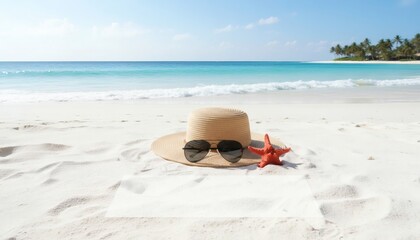Sandy beach scene with a straw hat sunglasses and a bright red starfish