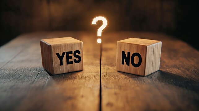 Wooden blocks with the words "YES" and "NO" on a rustic table, illuminated by a glowing question mark, representing decision-making and choices in life