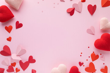 Saint Valentine Day red hearts decoration on pink background top view. Festive frame for love greeting and amour holiday promotion.