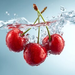 Three Red Cherries Splashing into Clear Water with Droplets cherry fruit Photo