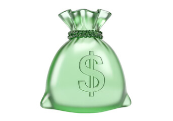 A translucent green money bag filled with cash, adorned with a dollar sign and tied with a braided cord, isolated on a Transparent background