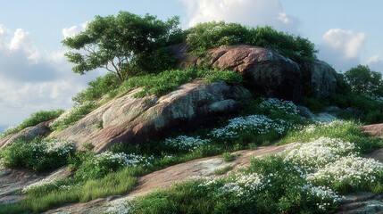 A rocky hillside with lush green trees and white flowering plants under a cloudy sky.