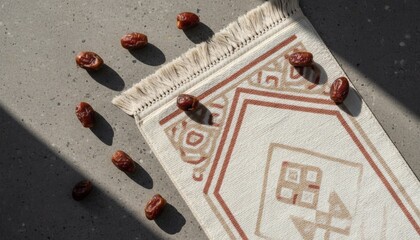 A cream prayer rug with dates scattered around it on concrete