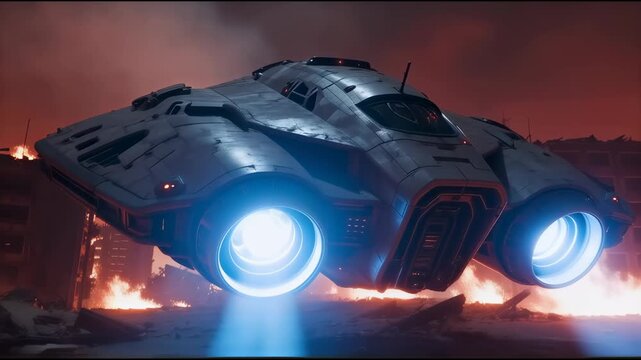 Futuristic spaceship hovers above burning cityscape at dusk with glowing engines