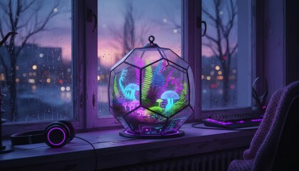 A glowing terrarium sits on a windowsill overlooking a softly lit city