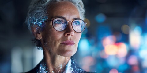 Thoughtful businesswoman contemplating innovation and technology in a modern digital world, blending human intellect with futuristic elements