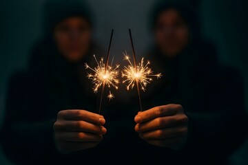 Sparklers in Hands with Blurred People and Warm Holiday Lights at Night