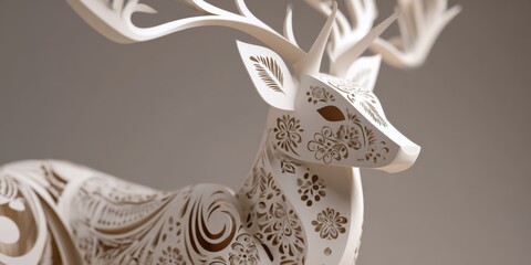 Obraz premium Elegant paper art depicting a stylized deer with ornate antlers and intricate patterns, showcasing creativity and craftsmanship in a whimsical design