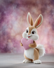 Cute rabbit holds a pink heart while standing on a neutral surface with a colorful background during a cheerful moment