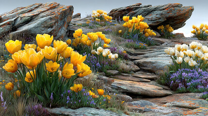 Colorful tulips blooming among rocky terrain and purple flowers.