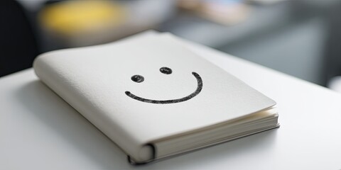 Clean, minimalist shot of a clean, simple notebook with a hand-drawn smiley face icon (focused detail) isolated on a white desk, simplicity, happiness, clean design, 16K,