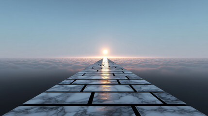Un chemin de marbre au-dessus des nuages menant vers le soleil lointain &agrave; l'horizon