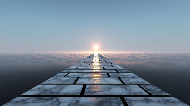 Un chemin de marbre au-dessus des nuages menant vers le soleil lointain &agrave; l'horizon