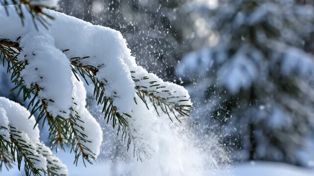 Snow covered pine branch in winter