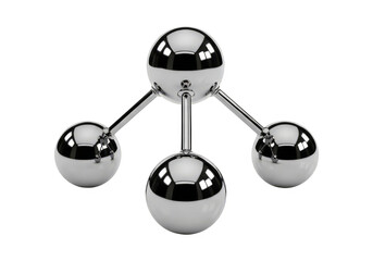 Abstract molecular structure with three polished chrome spheres connected by metallic rods on a Transparent background, symbolizing science and innovation