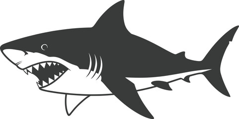 Fototapeta premium Blue cartoon shark illustration in side profile with open mouth and sharp teeth for bold ocean-themed vector design use.