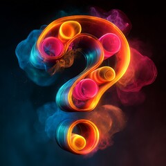 Vibrant Neon Question Mark with Swirling Colorful Smoke and Bubbles symbol punctuation Photo