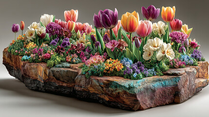 Vibrant flowering plants and tulips arranged on a large stone display.