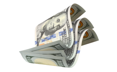 Flying hundred dollar bills, isolated on transparent cutout background