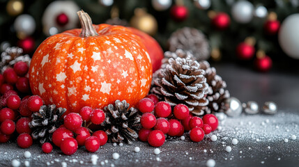 Festive Autumn Arrangement with Pumpkin, Pinecones, and Berries