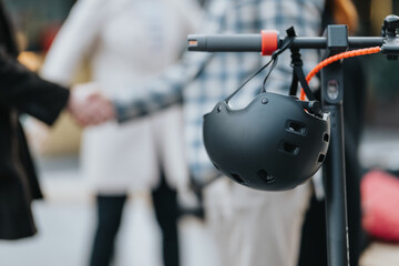 Two short stock sentences: A black safety helmet hangs on a scooter handlebar. In the blurred background, people shake hands in an urban outdoor setting. © qunica.com