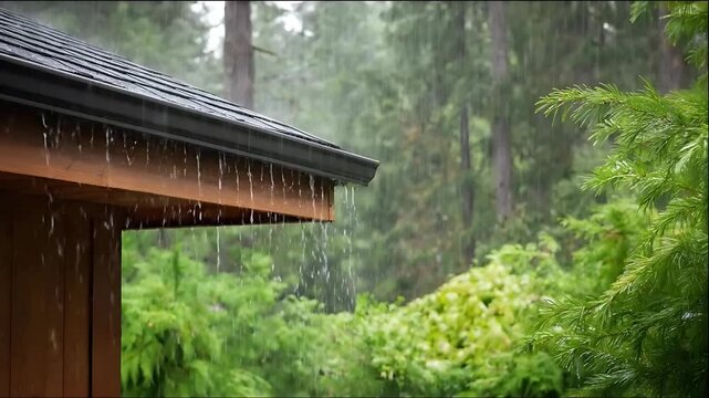 Rainwater flows from a wooden roof in a lush forest environment during a rainy day
