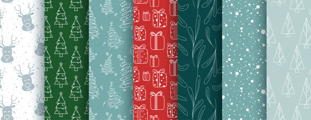 Christmas seamless vector patterns set. Simple linear New Year print. Cute graphic holiday background. Many outline spruce trees, big gift box icons. Hand drawn doodle design. Cartoon minimalist style