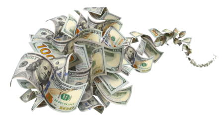 Flying hundred dollar bills, isolated on transparent cutout background