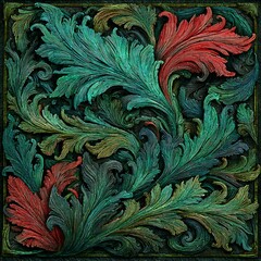 Vibrant Teal And Red Floral Carving With Dark Photo Background relief sculpture vibrant colors