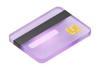 A translucent purple credit card with a black magnetic stripe and a gold chip is presented in a close up isometric view against a Transparent background, symbolizing digital finance