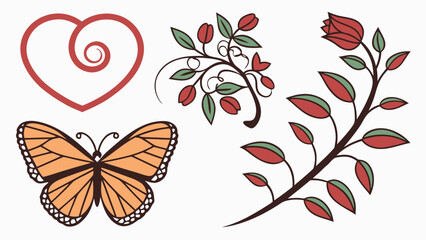 Fototapeta premium Butterfly and Floral Elements in Hand-Drawn Style with Vibrant Colors on White Background for Greeting Card