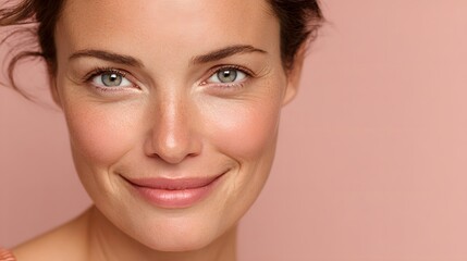 Beautiful Woman with Natural Makeup and Radiant Skin Smiling Gently.