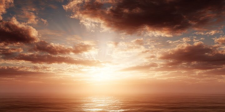 Morning sunlight filtering through clouds above ocean horizon, realistic warm color palette.