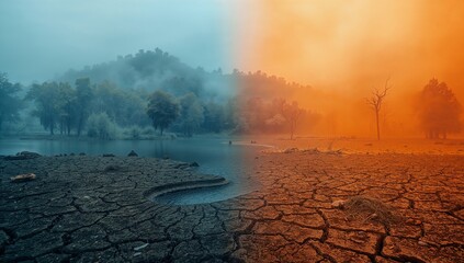 Dramatic conceptual image vividly illustrating the stark and devastating contrast between environmental health and extreme climate change impact across a fractured landscape