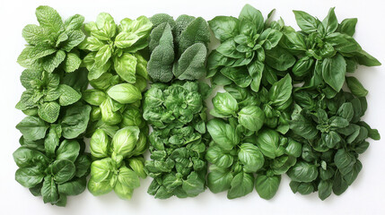 Fresh Green Herbs Arrangement on White Background for Culinary Use