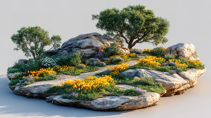 Small rocky landscape with trees and colorful flowering plants.