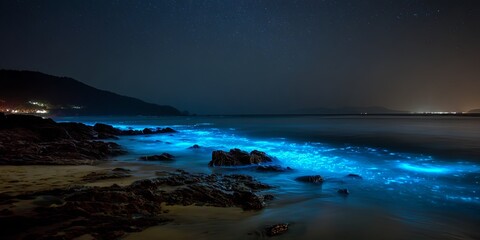Fototapeta premium Long exposure of a calm tropical beach, the waves sparkling with vivid blue bioluminescent plankton, contrasting with a dark, star-filled sky, enchanting and rare.