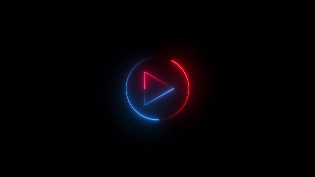Neon glowing Play button animation on black background. Play button icon neon animation. Music play button icon animation.