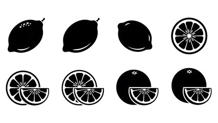 Lemon Slices and Whole Lemons Silhouette Icons.