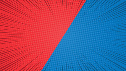 Halftone Comic Background Split with Red and Blue Rays