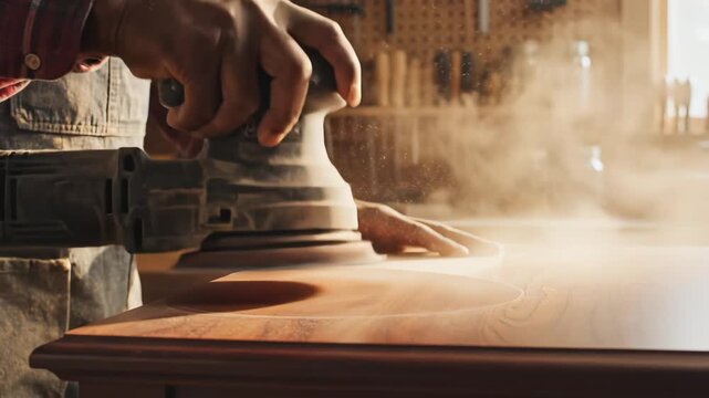 Person using power sander on wooden surface