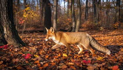 Naklejka premium Fox Walking Through Autumn Forest with Orange Leaves on Ground