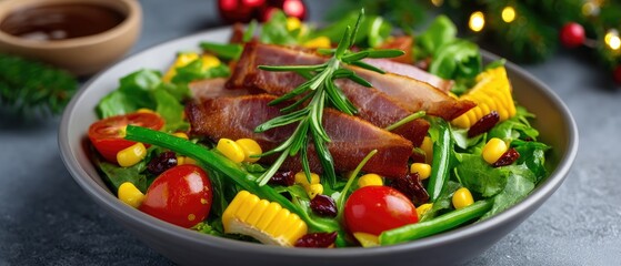 Colorful salad with fresh greens, cherry tomatoes, bacon, and corn garnished with rosemary, served during a festive gathering in a cozy setting