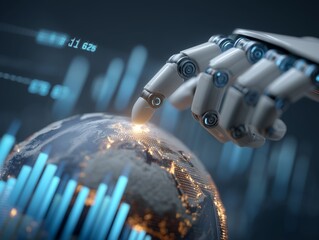 Futuristic AI robot hand interacting with digital Earth and financial data visualizations. Concept of global network connectivity, algorithmic trading and market analysis