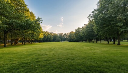 Symmetrical Landscape of Autumn Tree Lined Avenue with Long Shadows on Grass