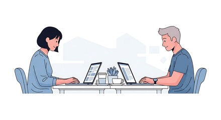 Two people working on laptops, side view, focused on their tasks in a modern office setting.