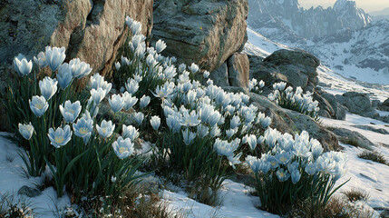 White tulips blooming among rocks in a snowy mountain landscape.
