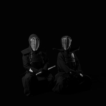 Professional kendo athlete in uniform posing with shinai sword in black and white