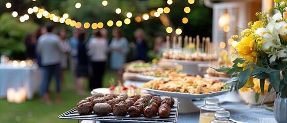 Outdoor garden party with delicious food, twinkling lights, and friends enjoying a summer evening gathering