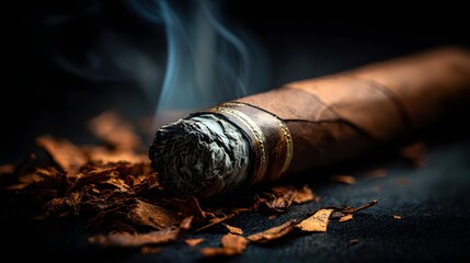 Close up of a burning cigar with smoke rising and tobacco leaves scattered around.